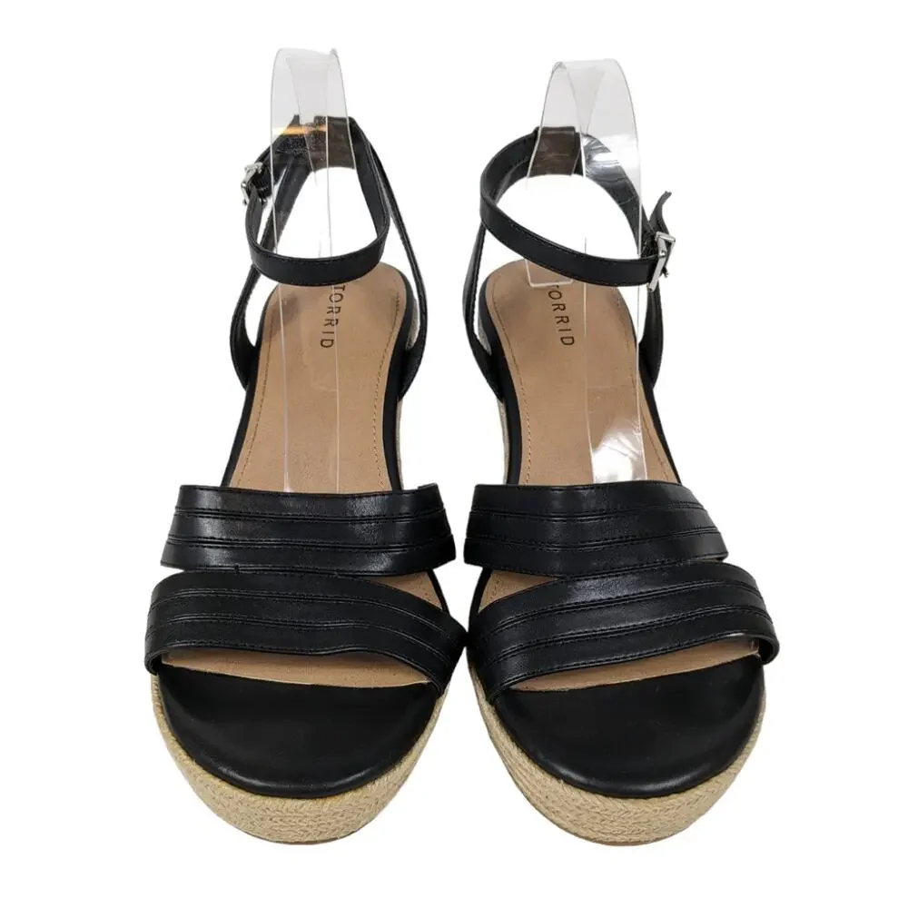 Torrid Womens Espadrille Heels 11 Strappy Jute Wedge Heels Black Straps Sandals
